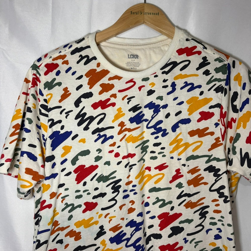 LCKR Mens Abstract Scribble Print T-Shirt Multi-Color Cotton Short Sleeve Small - Picture 4 of 5